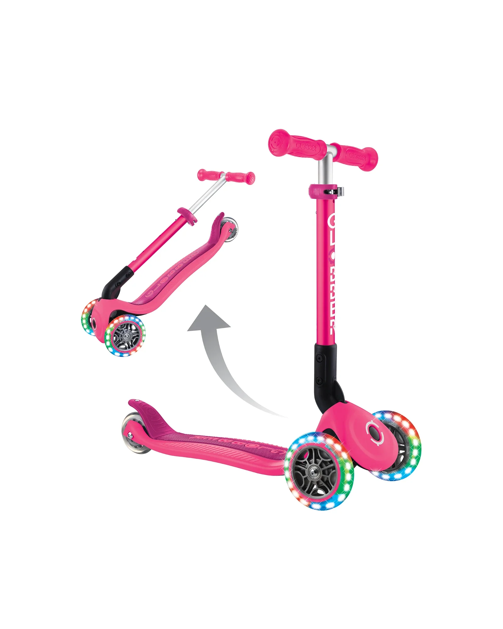Globber Junior Primo Foldable Lights Scooter Fuchsia Pink - Image 2